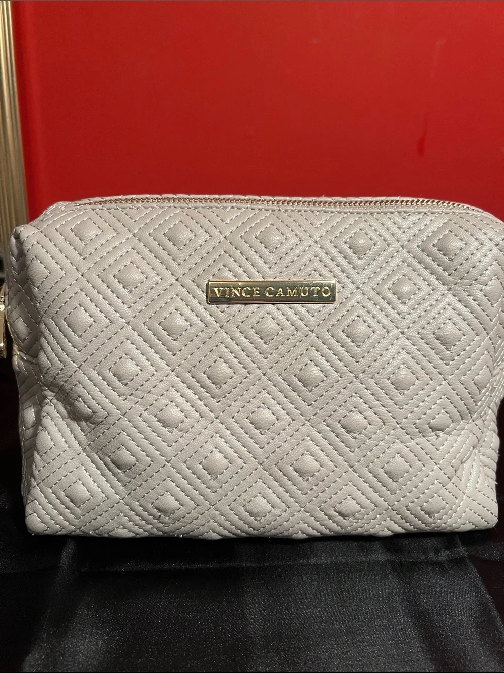Vince Camuto Quilted Cream Makeup Pouch with Gold Logo